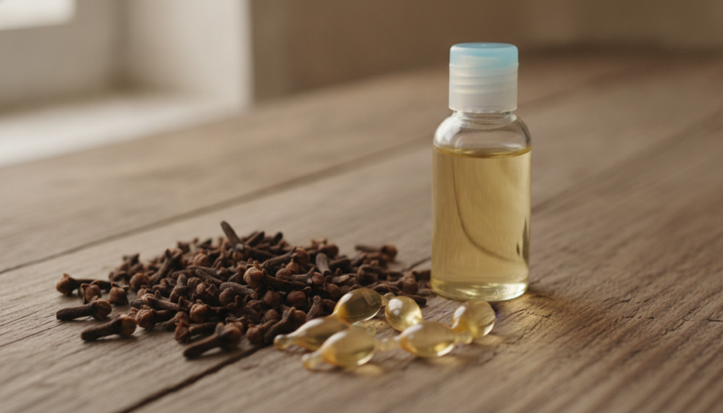 Whole cloves and Vitamin E capsules next to a small bottle of baby oil on a rustic wooden surface