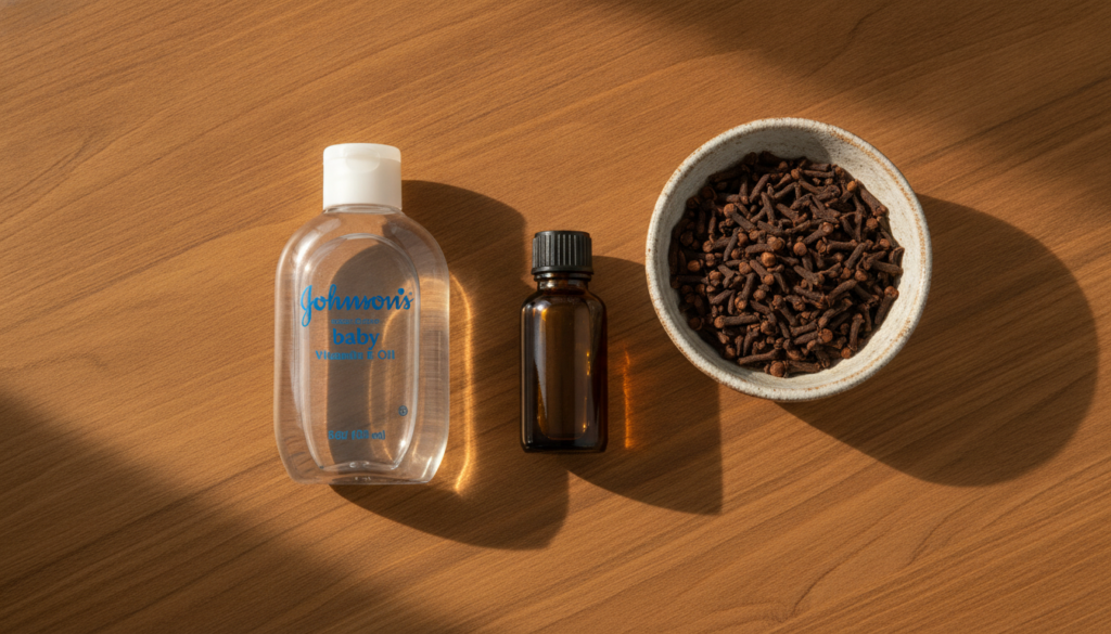 A flat lay of the three main ingredients a bottle of Johnson s baby oil a small bottle or capsules of Vitamin E oil and 