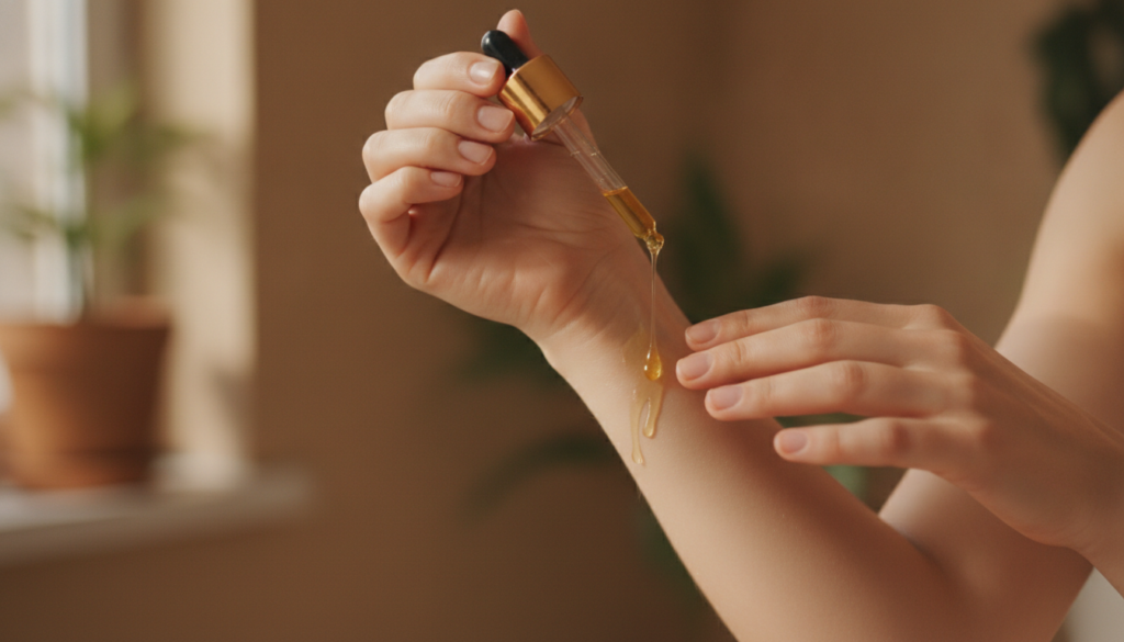 A woman gently applying the homemade oil to her forearm demonstrating a patch test or moisturizing application Her skin 
