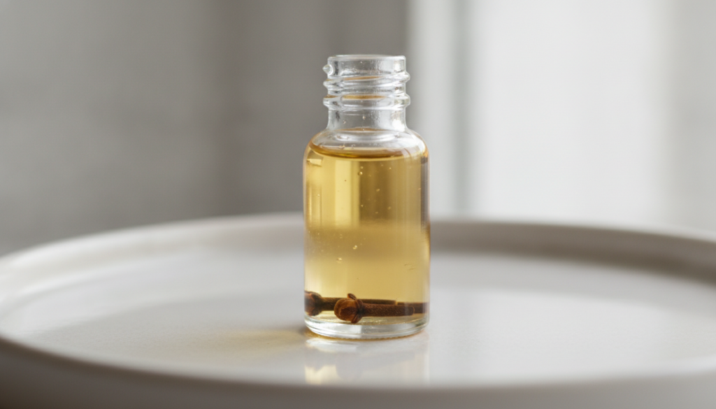 A close-up shot of a small elegant glass bottle filled with the golden-toned homemade beauty oil with a few whole cloves