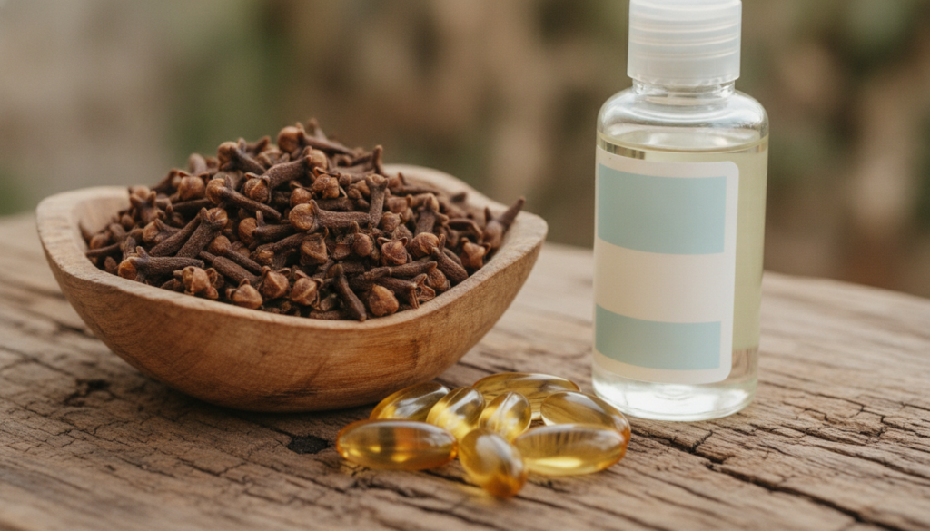 A close-up of the ingredients for the DIY recipe a small bowl of whole cloves a few vitamin E capsules and a bottle of b