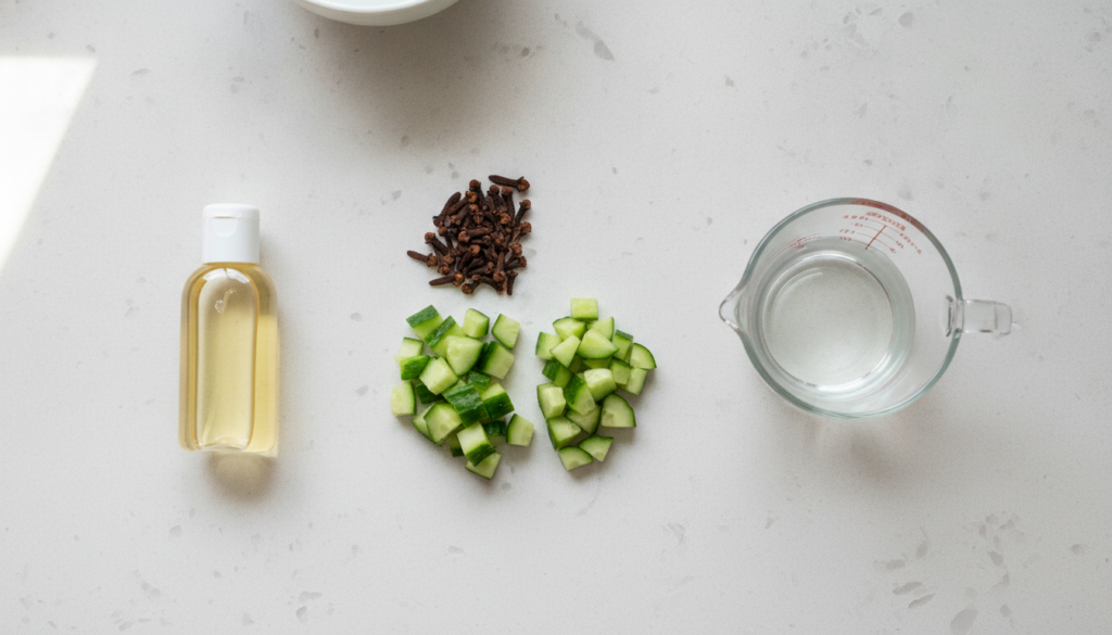 An overhead shot displaying the ingredients for DIY Ice Cubes chopped cucumber whole cloves a measuring cup of water and