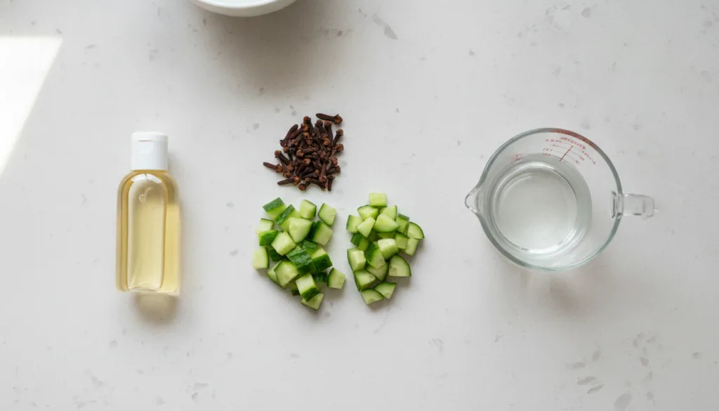 An overhead shot displaying the ingredients for DIY Ice Cubes chopped cucumber whole cloves a measuring cup of water and