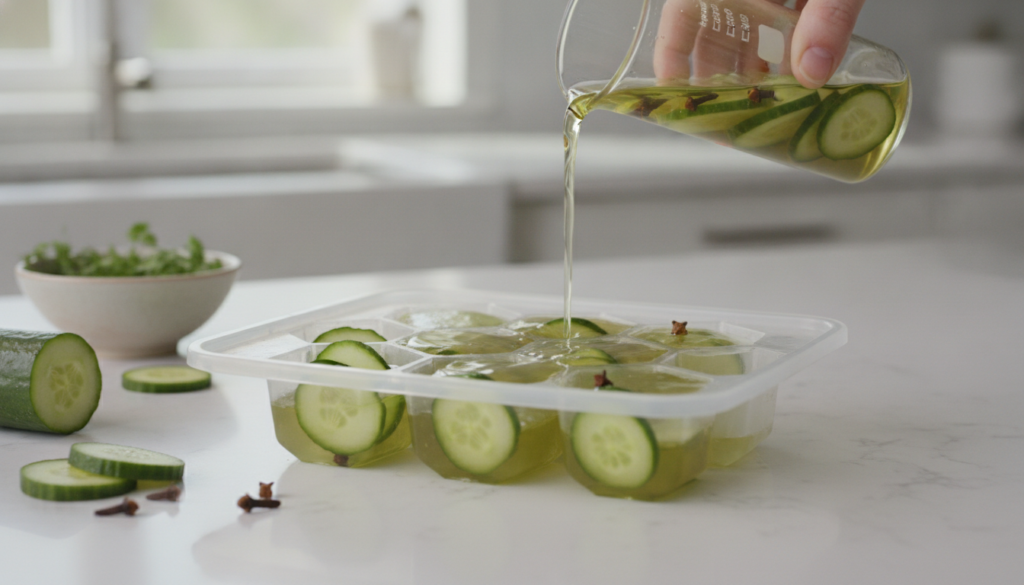 An ice cube tray being filled with a greenish liquid containing small pieces of cucumber and cloves ready to be placed i