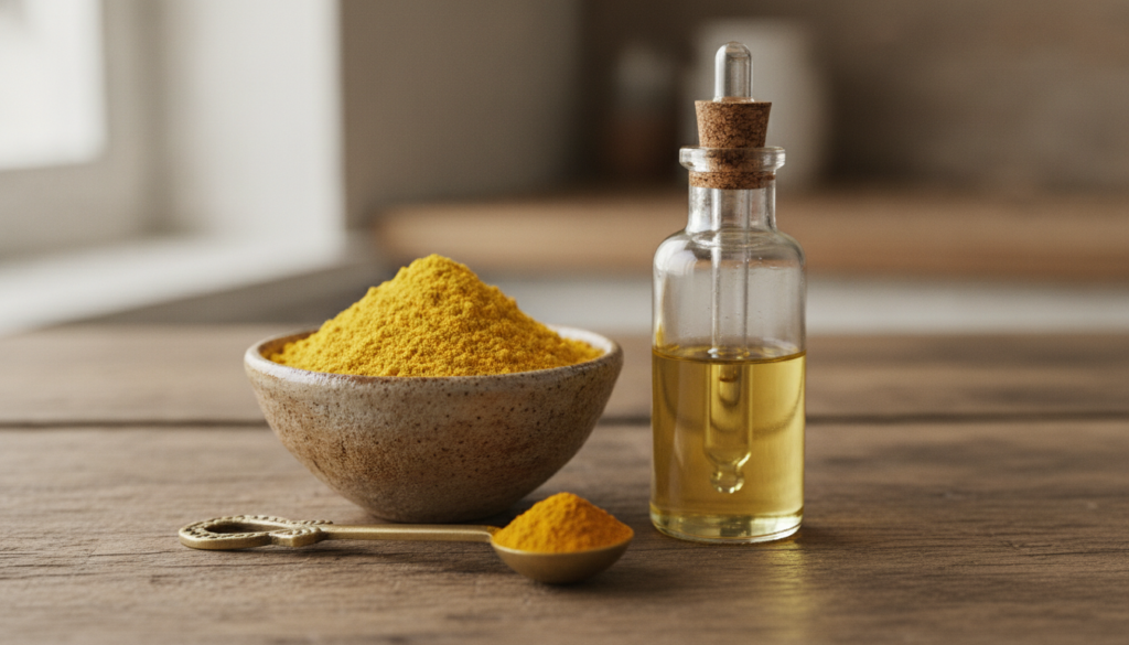 Ingredients for a natural face mask a small bowl of yellow gram flour a tiny spoon of turmeric powder and a dropper bott
