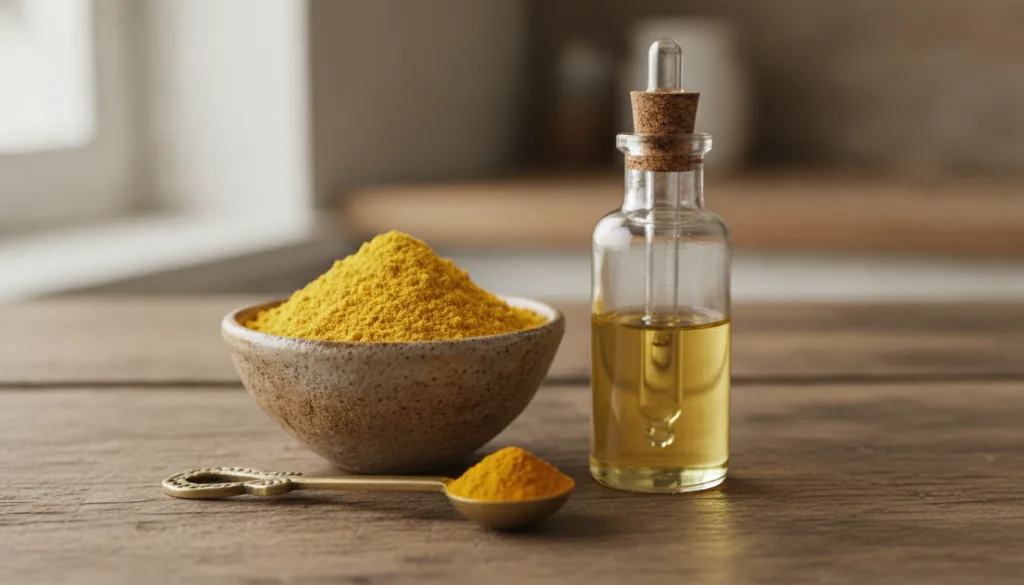 Ingredients for a natural face mask a small bowl of yellow gram flour a tiny spoon of turmeric powder and a dropper bott