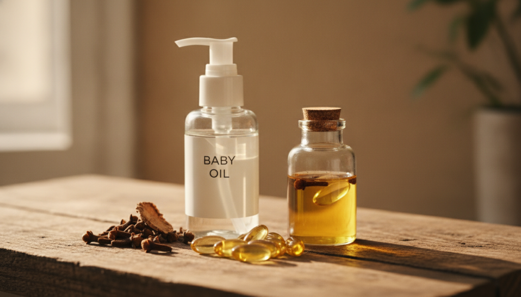 A still life composition featuring a small bottle of baby oil a handful of dried cloves a few vitamin E capsules and a s