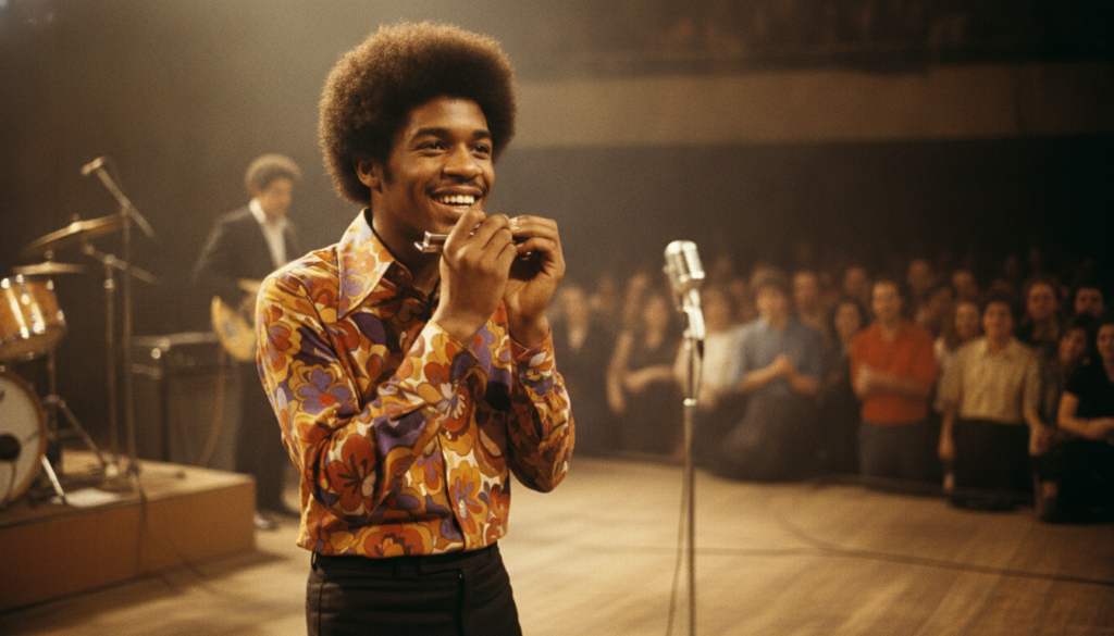 A young Stevie Wonder from his early career days smiling and possibly playing an instrument like a harmonica or piano