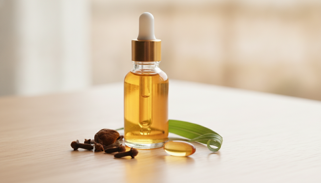 A small clear glass dropper bottle filled with golden glow oil surrounded by dried cloves a vitamin E capsule and a leaf