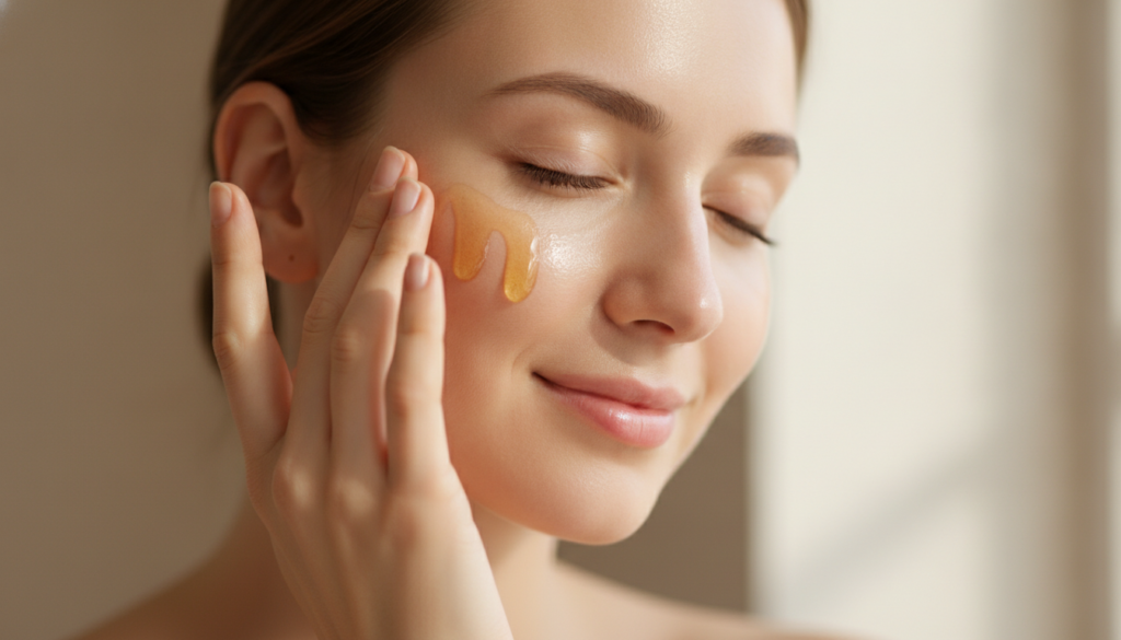 Hands gently massaging a few drops of golden glow oil onto a woman s clean healthy radiant face