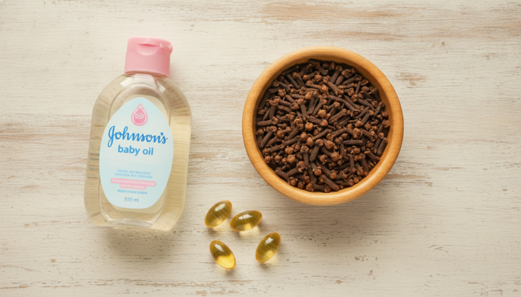 A visual representation of the three main ingredients a bottle of Johnson s baby oil a small bowl of whole cloves and Vi