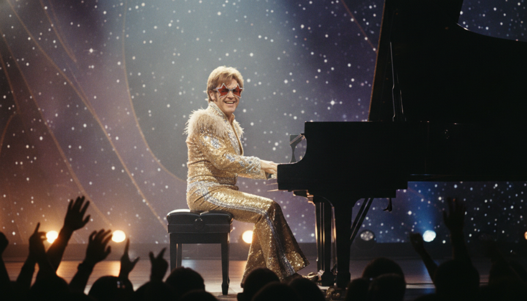A young Elton John seated at a grand piano performing on stage in the 1970s wearing a flamboyant sequined outfit and lar