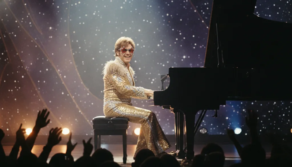 A young Elton John seated at a grand piano performing on stage in the 1970s wearing a flamboyant sequined outfit and lar