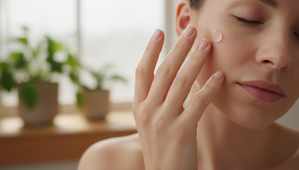 A woman s hand gently applying a small amount of the facial gel to her cheek demonstrating the application method with a
