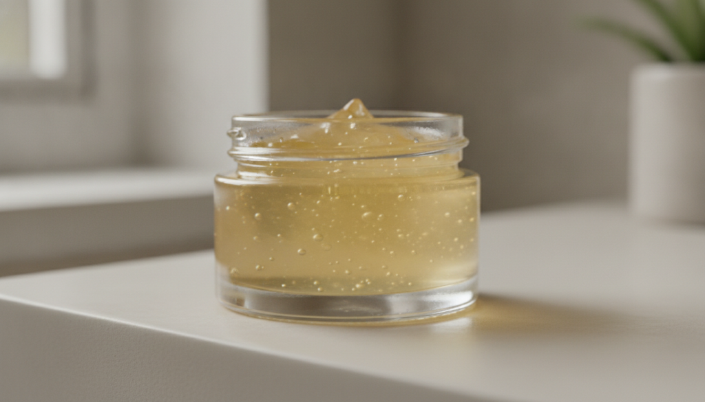 A small clear glass jar filled with the finished yellowish translucent facial gel placed on a light surface with soft li