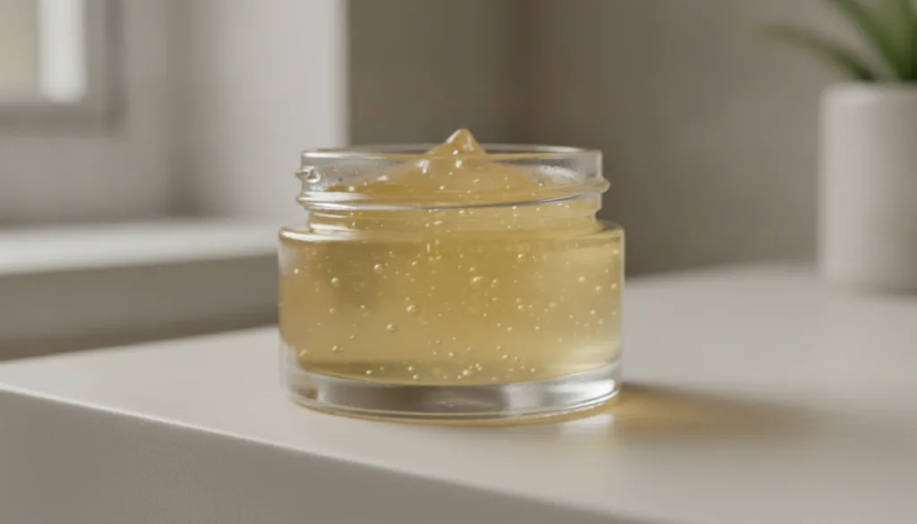 A small clear glass jar filled with the finished yellowish translucent facial gel placed on a light surface with soft li