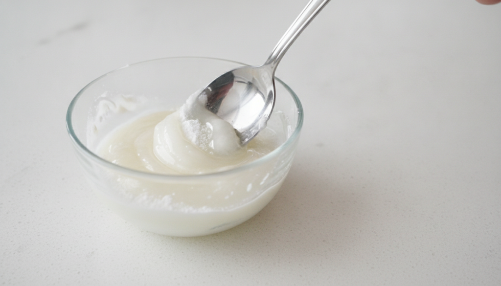 A small glass bowl with a spoon mixing white Vaseline and baking soda creating a paste The ingredients are neatly displa