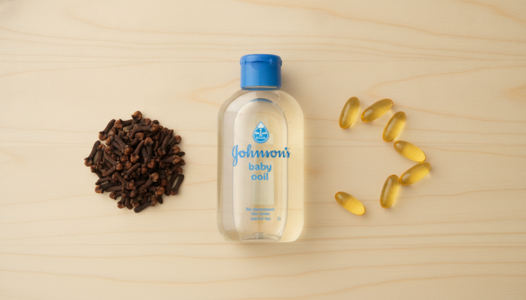 A flat lay image showing a bottle of Johnson s baby oil a small pile of whole cloves and a few golden Vitamin E capsules