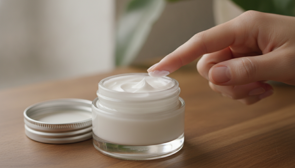 A small elegant glass jar filled with a creamy white homemade face cream A hand with neatly manicured nails is gently sc