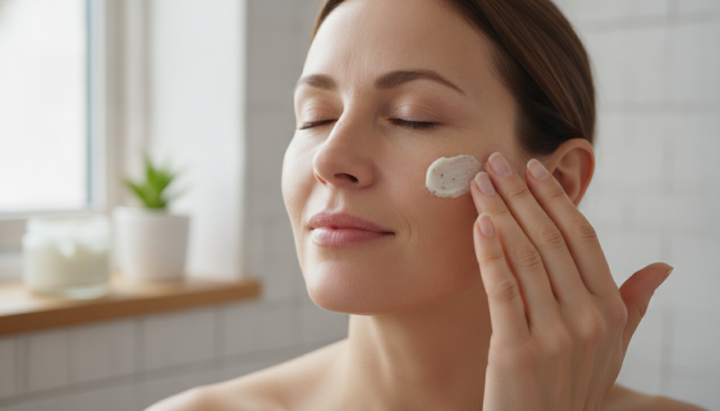 A close-up of a woman in her 40s or 50s applying a homemade cream to her face with a gentle satisfied expression The cre