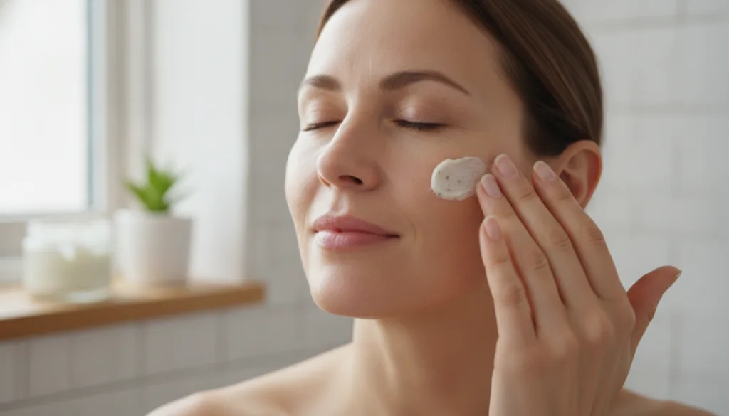 A close-up of a woman in her 40s or 50s applying a homemade cream to her face with a gentle satisfied expression The cre
