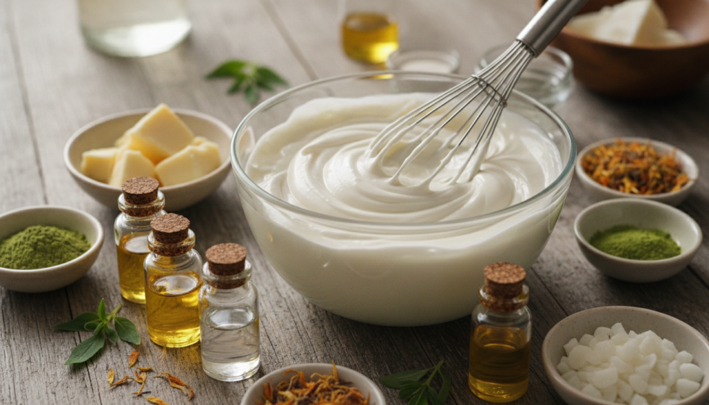 Close up of a freshly made batch of homemade cream being whipped in a bowl with a creamy rich texture Ingredients like s
