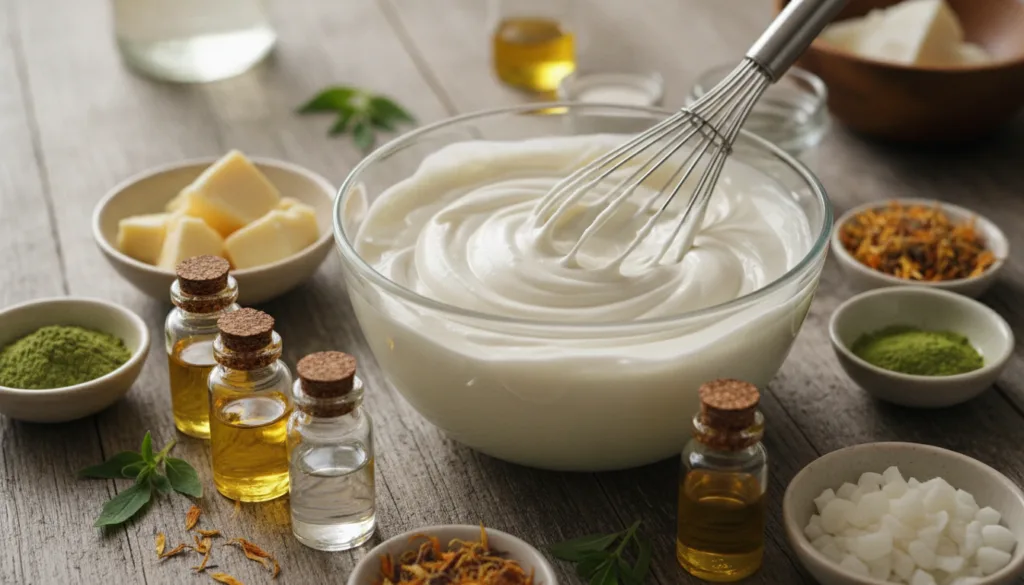 Close up of a freshly made batch of homemade cream being whipped in a bowl with a creamy rich texture Ingredients like s