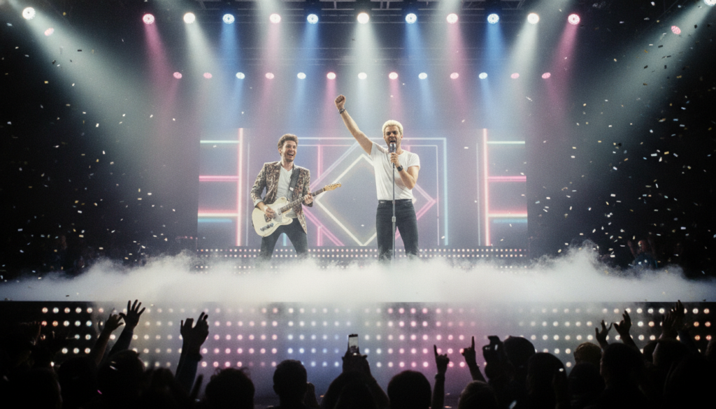 Wham performing live on stage in the 1980s with George Michael at the forefront