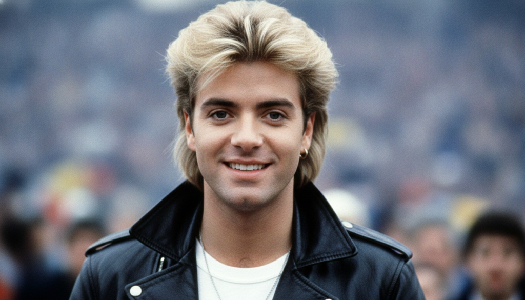 A young George Michael from the 1980s smiling with his iconic hair and possibly wearing an earring