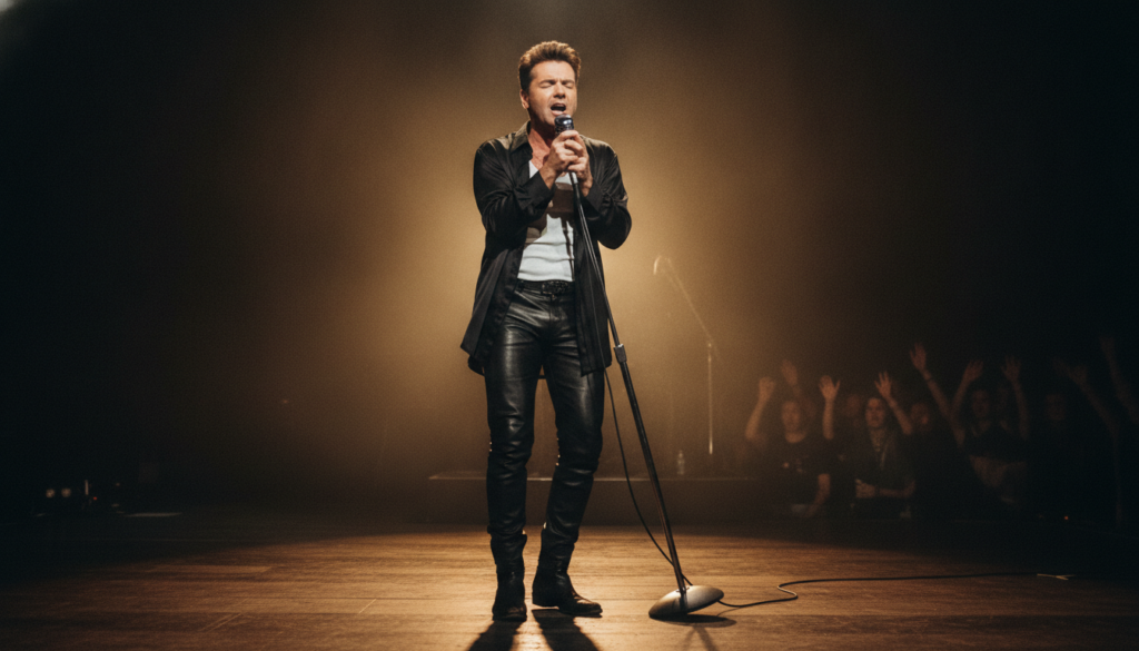 George Michael performing solo on stage in the 1990s bathed in warm spotlights singing passionately