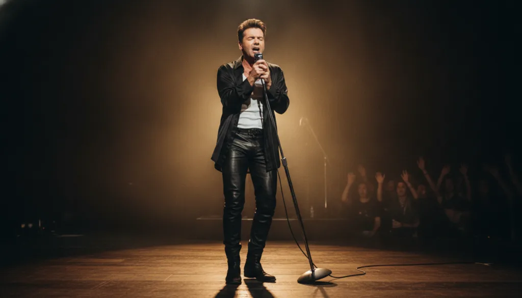 George Michael performing solo on stage in the 1990s bathed in warm spotlights singing passionately