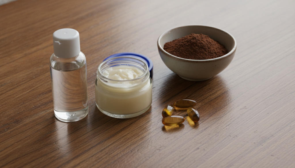 A close-up shot of the four main ingredients for the DIY collagen cream hack a small bottle of baby oil a jar of petrole