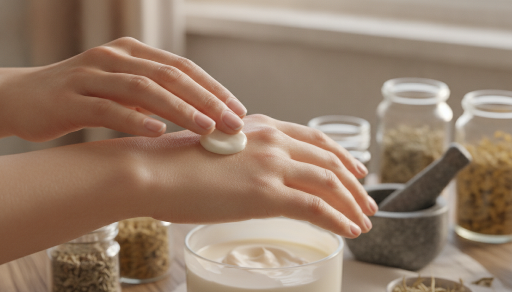 A pair of hands gently applying a small amount of homemade cream to the back of another hand showing the creamy texture 