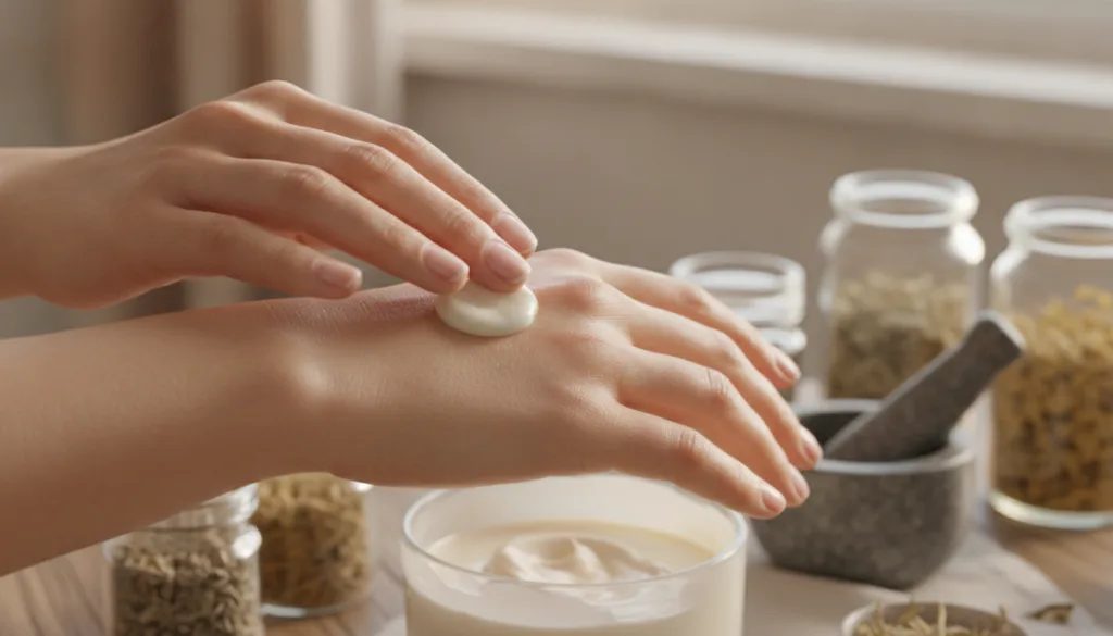 A pair of hands gently applying a small amount of homemade cream to the back of another hand showing the creamy texture 