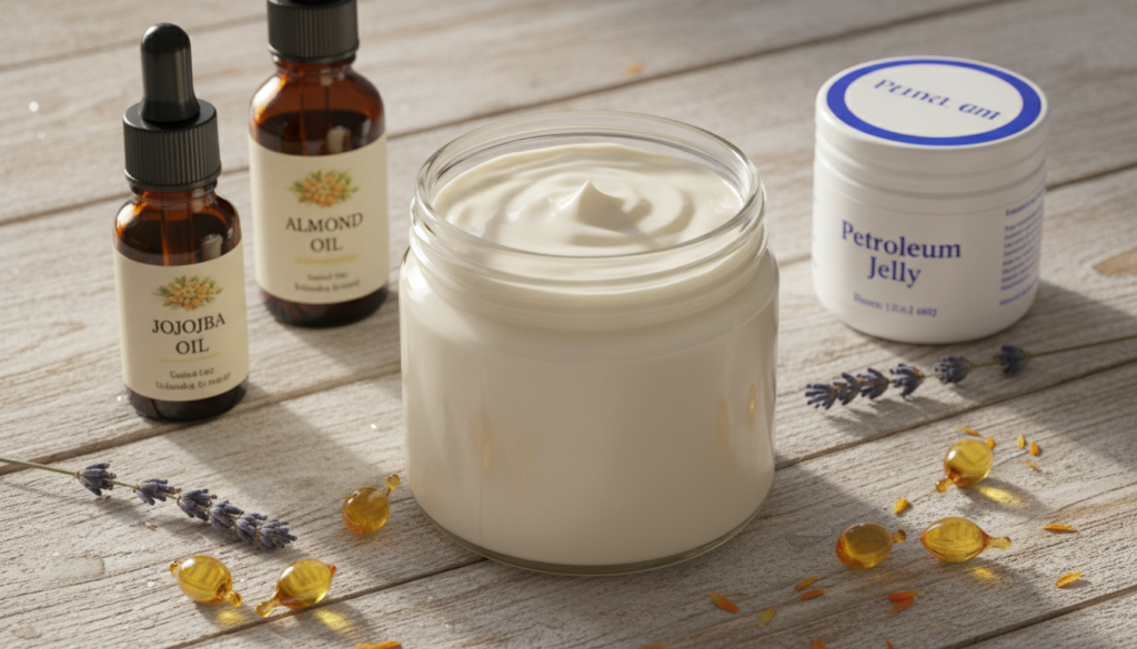 A close-up of a glass jar filled with a homemade cream surrounded by natural ingredients like small bottles of jojoba oi