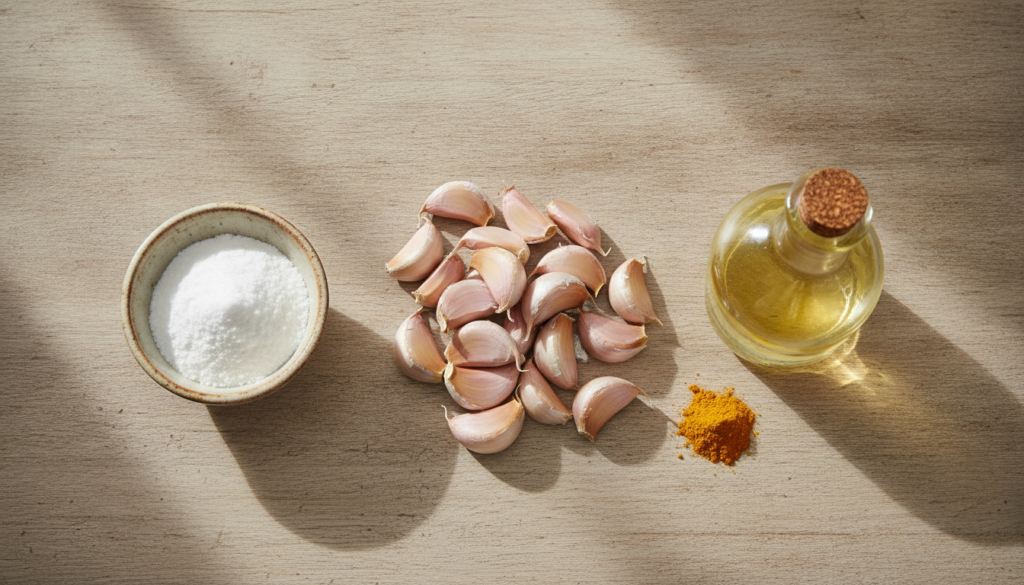 A collection of natural ingredients for a beauty paste including fresh garlic cloves a small bowl of baking soda a bottl