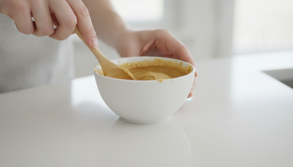 Hands mixing a yellowish-brown paste in a small white bowl with a wooden spoon showcasing the preparation step