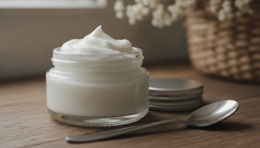 A small clear glass jar filled with a thick white creamy substance resembling a homemade beauty cream with a small spoon