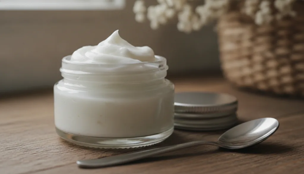 A small clear glass jar filled with a thick white creamy substance resembling a homemade beauty cream with a small spoon
