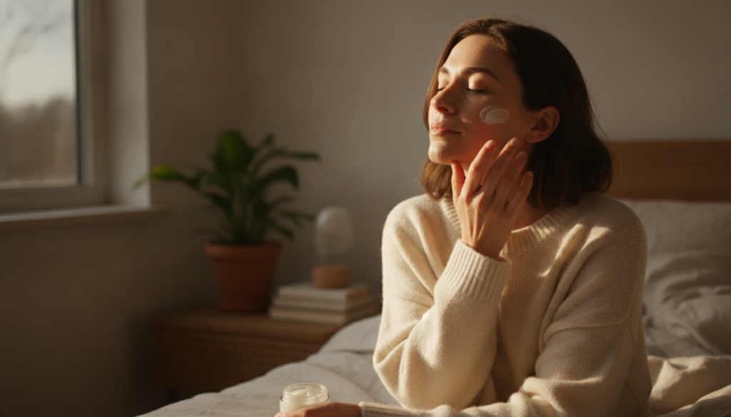 A woman gently applying a small amount of the DIY balm to her face before bed showing a glowing complexion