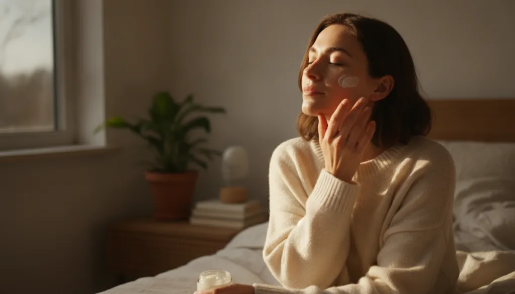A woman gently applying a small amount of the DIY balm to her face before bed showing a glowing complexion