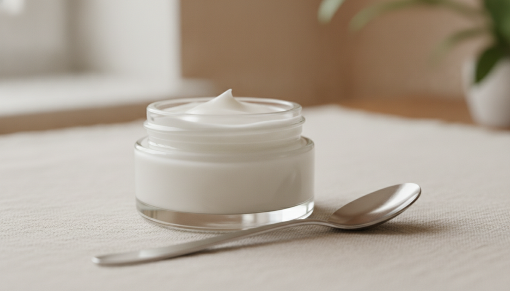 A small clear glass jar filled with the freshly mixed DIY glass skin balm showing its smooth creamy texture A spoon rest