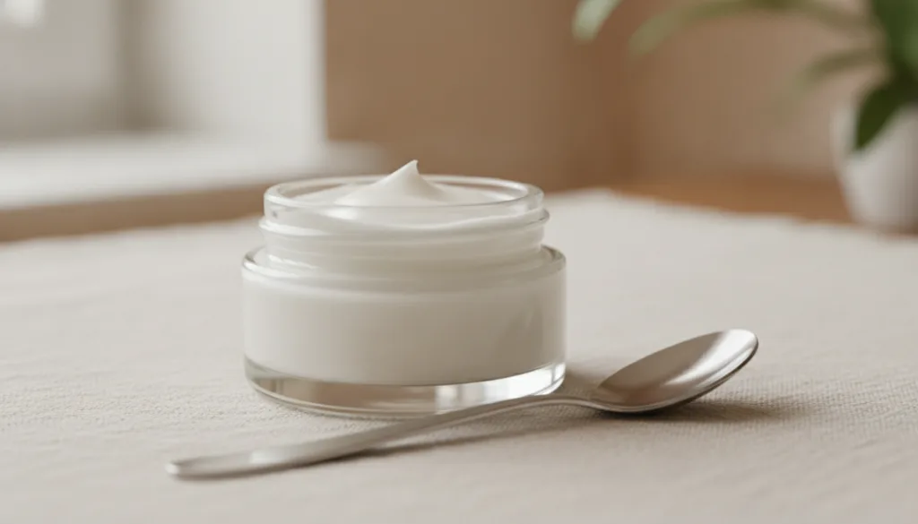 A small clear glass jar filled with the freshly mixed DIY glass skin balm showing its smooth creamy texture A spoon rest