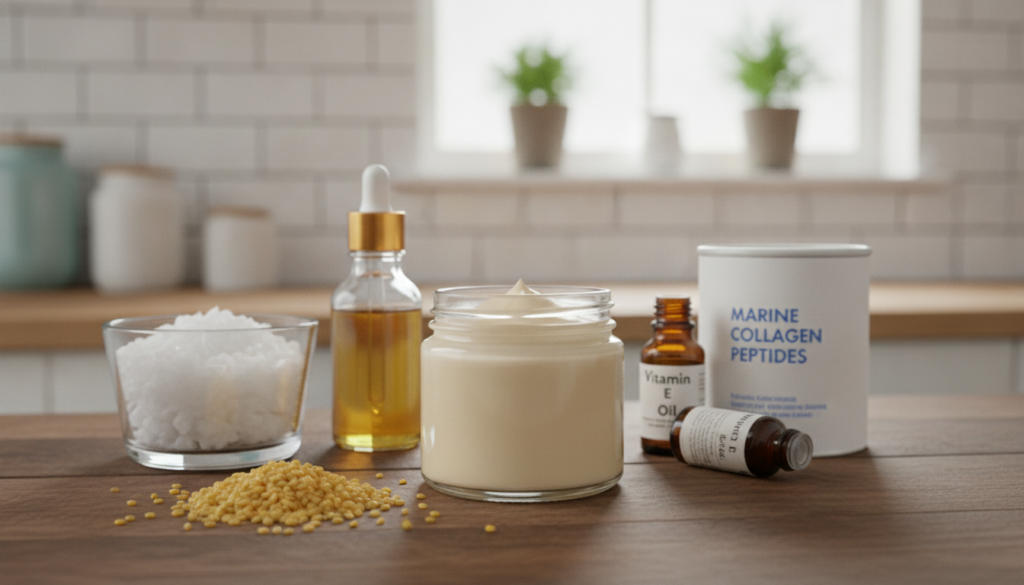 A small glass jar filled with a creamy light-colored homemade collagen cream surrounded by the natural ingredients used 