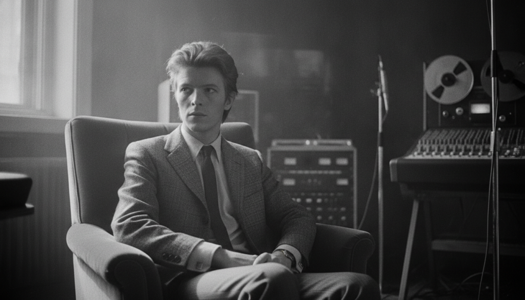A youthful David Bowie in his early career possibly in the late 60s or early 70s looking thoughtful or performing