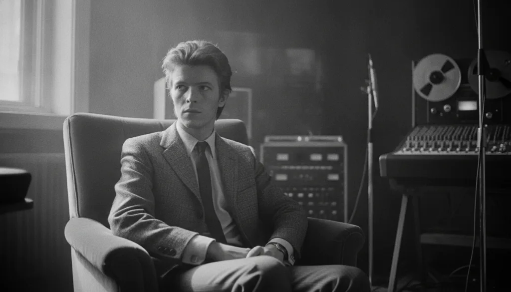 A youthful David Bowie in his early career possibly in the late 60s or early 70s looking thoughtful or performing