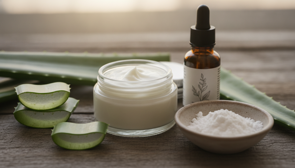 A close-up shot of a small jar of homemade cream with fresh natural ingredients like aloe vera leaves gelatin powder and