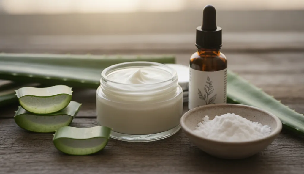 A close-up shot of a small jar of homemade cream with fresh natural ingredients like aloe vera leaves gelatin powder and