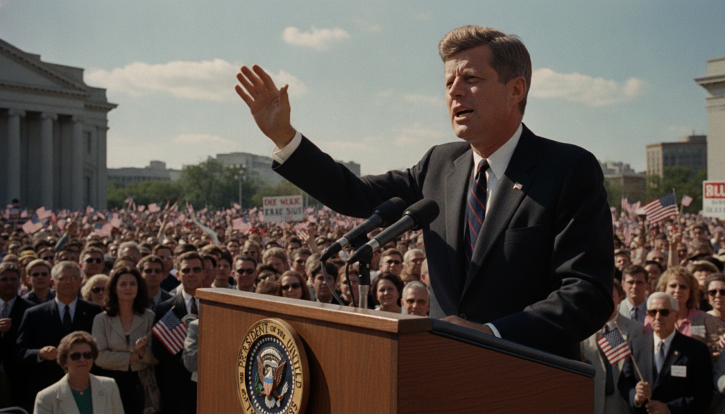 John F Kennedy as president delivering a passionate speech from a podium with a crowd visible in the background in full 