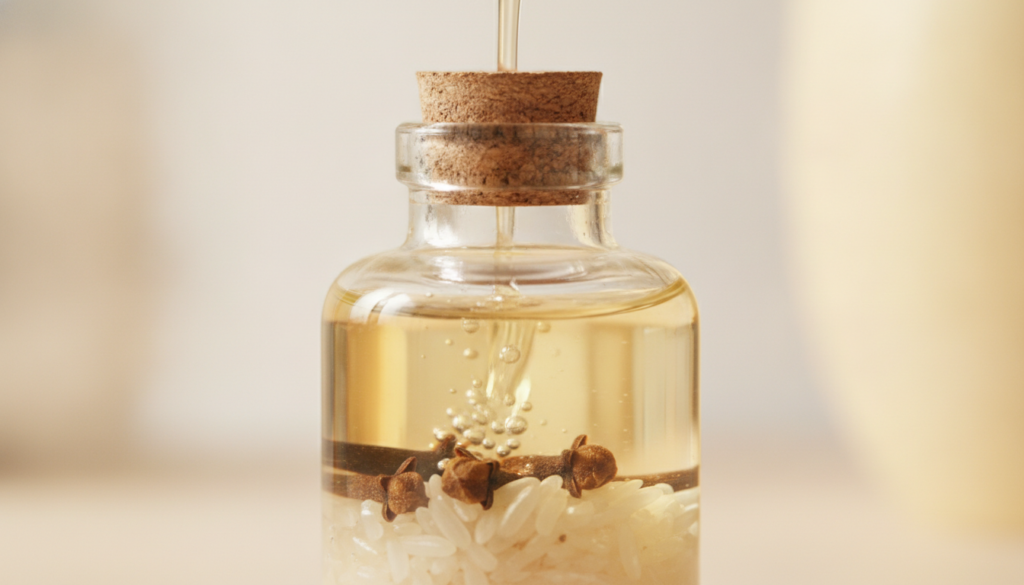 Close-up of a clear glass bottle being filled with baby oil and natural ingredients like rice and cloves on a clean back
